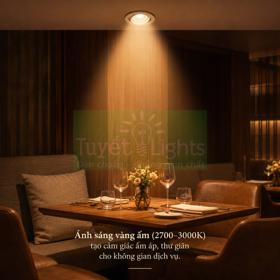 Đèn downlight âm trần ánh sáng vàng ấm chiếu bàn ăn nhà hàng tạo không gian sang trọng, thư giãn